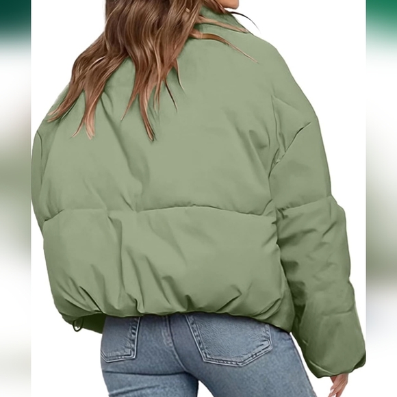 Taupe Winter Cropped Puffer Oversize Jacket - Picture 2 of 5